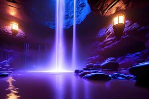 Massive spa in a wet cave waterfall purple lighting by photo