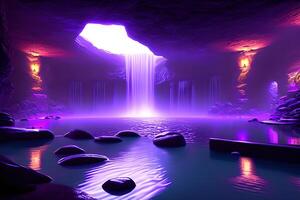 Massive spa in a wet cave waterfall purple lighting by photo