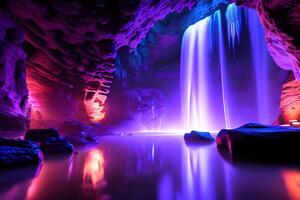 Massive spa in a wet cave waterfall purple lighting by photo