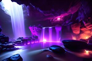 masivo spa en un mojado cueva cascada púrpura Encendiendo por ai generado foto