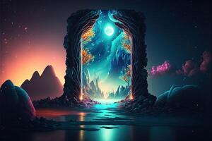 Fantasy nighttime scene future with abstract island moonlight by photo