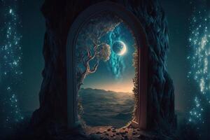 Fantasy nighttime scene future with abstract island moonlight by photo