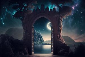 fantasía Noche escena futuro con resumen isla luz de la luna por ai generado foto