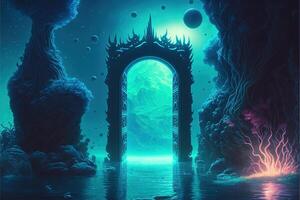 Fantasy nighttime scene future with abstract island moonlight by photo