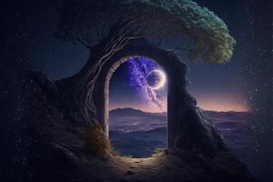 fantasía Noche escena futuro con resumen isla luz de la luna por ai generado foto