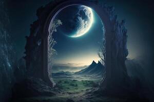 Fantasy nighttime scene future with abstract island moonlight by photo