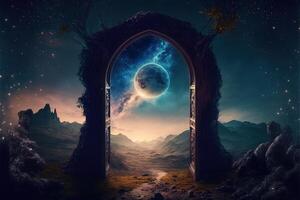 Fantasy nighttime scene future with abstract island moonlight by photo