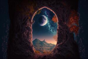 Fantasy nighttime scene future with abstract island moonlight by photo