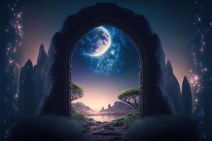 Fantasy nighttime scene future with abstract island moonlight by photo