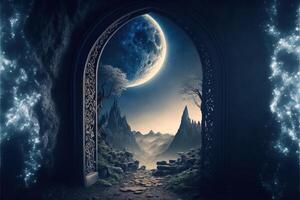 Fantasy nighttime scene future with abstract island moonlight by photo