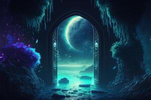 Fantasy nighttime scene future with abstract island moonlight by photo