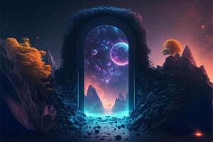 Fantasy nighttime scene future with abstract island moonlight by photo