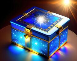 regalo caja con mágico brillante ligero por ai generado foto