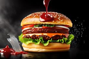 hamburger with splashing ketchup isolated background by photo