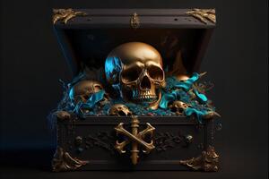 Chest with treasure and skulls on dark background by photo