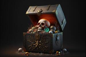 Chest with treasure and skulls on dark background by photo