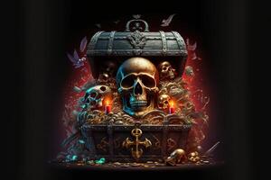 Chest with treasure and skulls on dark background by photo