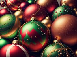 Navidad pelotas con complejo adornos de cerca por ai generado foto