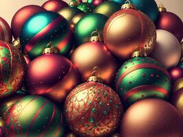 Navidad pelotas con complejo adornos de cerca por ai generado foto