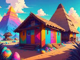 colorful house with Colorful easter eggs background by photo