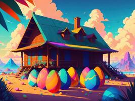 colorful house with Colorful easter eggs background by ai generated photo