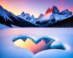 a heart shaped piece of ice with mountains in the background by photo