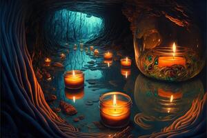 a huge underground landscape many tunnels and rivers candles by photo