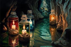 a huge underground landscape many tunnels and rivers candles by photo