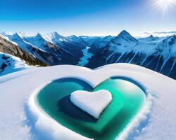 a heart shaped piece of ice with mountains in the background by photo