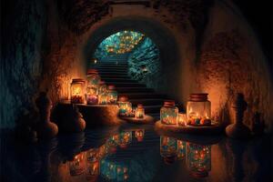 a huge underground landscape many tunnels and rivers candles by photo