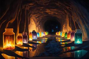 a huge underground landscape many tunnels and rivers candles by photo