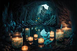 a huge underground landscape many tunnels and rivers candles by photo