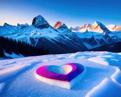 a heart shaped piece of ice with mountains in the background by photo