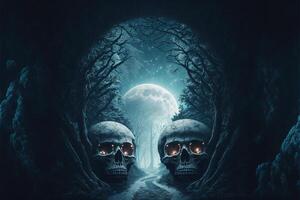 A misty forest of trees with crystal skulls by photo