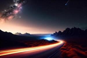 a road under a night sky filled with stars a matte painting by photo