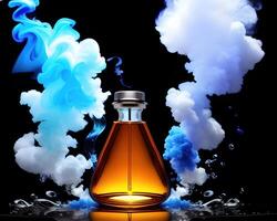 a flask filled with liquid and colored smoke by photo