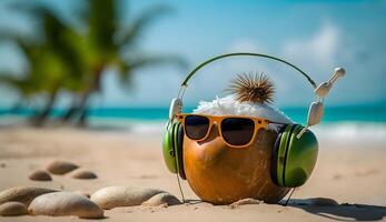 Coconut wearing headphones and glasses on the beach, summer concept, Technology photo