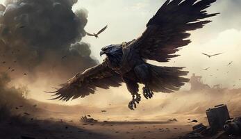 Eagle flies over the battlefield, Technology photo