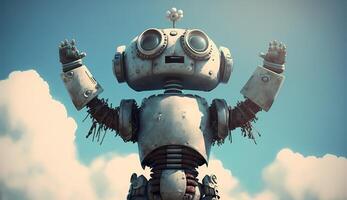 Robot raises its arms up looking up at the sky created using Technology photo