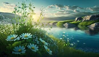 Early morning scenery flowers blooming green grass, spring concept, Technology photo