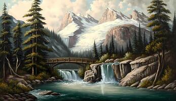 Painting of mountains with river trees bridge, Technology photo