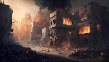 The city was destroyed full of fire and smoke after war, Technology photo