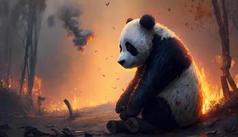 Sad panda looking at burning forest, SAVE THE FOREST created using Technology photo