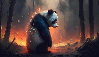 Sad panda looking at burning forest, SAVE THE FOREST created using Technology photo