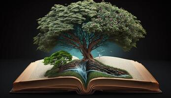 árbol en un abierto libro mundo tierra día, generativo ai foto