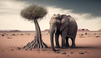 Elephant is sad see the barren land and dry forest, stop global warming, Technology photo