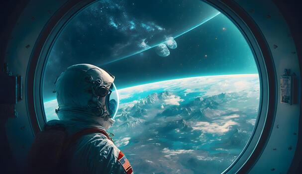 Astronaut is looking at the earth from outer space created using Technology photo