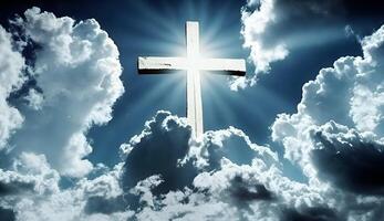 Christian cross shining in sky, created using Technology photo