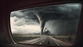 Saw tornado, strom, cyclone from inside the car, created using Technology photo