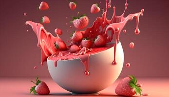 Strawberry fall into the bowl of milk, created using Technology photo